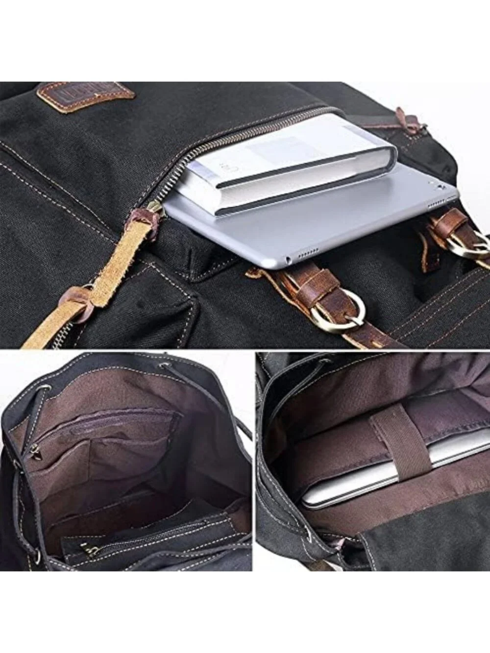 Vintage Leather Trim Backpack | Casual Bookbag for Men & Women | Travel Rucksack